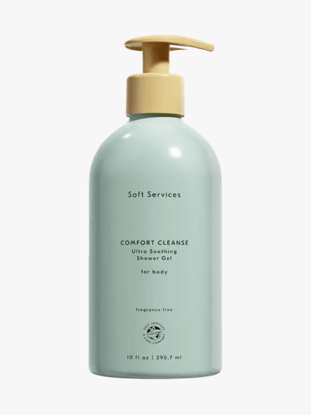 Soft Services Comfort Cleanse Ultra-Soothing Shower Gel in branded component on a light gray background